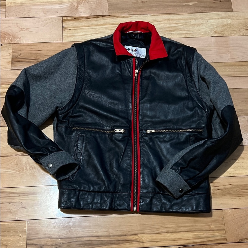 Vintage Boulevard Club  Leather Bomber Jacket with Gray Sleeves and Red Trim